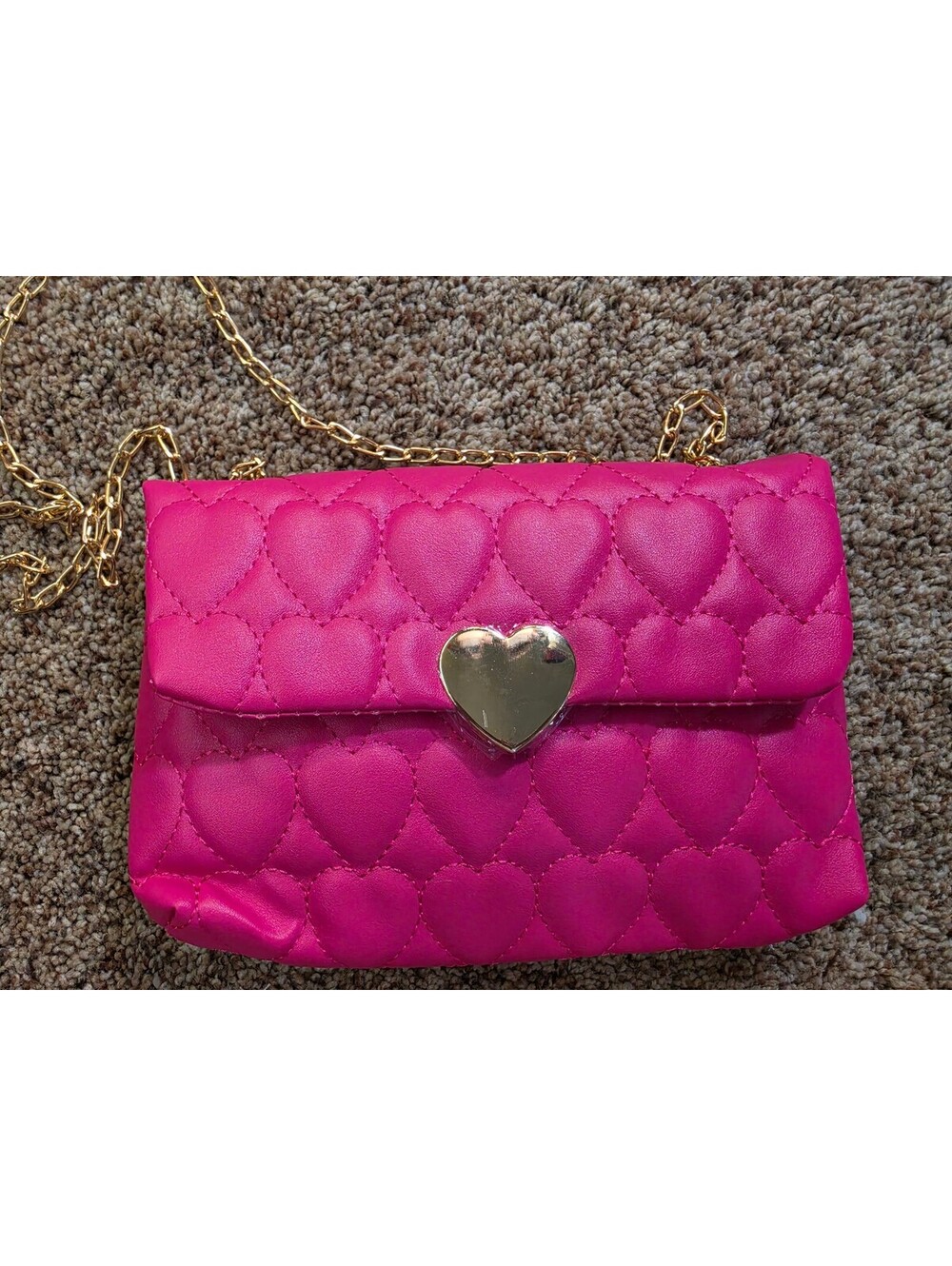 Pink Faux Leather Quilted Heart Pattern Crossbody Bag with Gold Heart Clasp